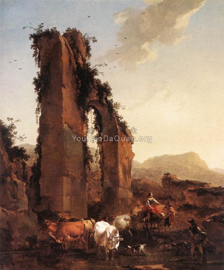 Peasants With Cattle By A Ruined Aqueduct - 尼古拉·波桑
